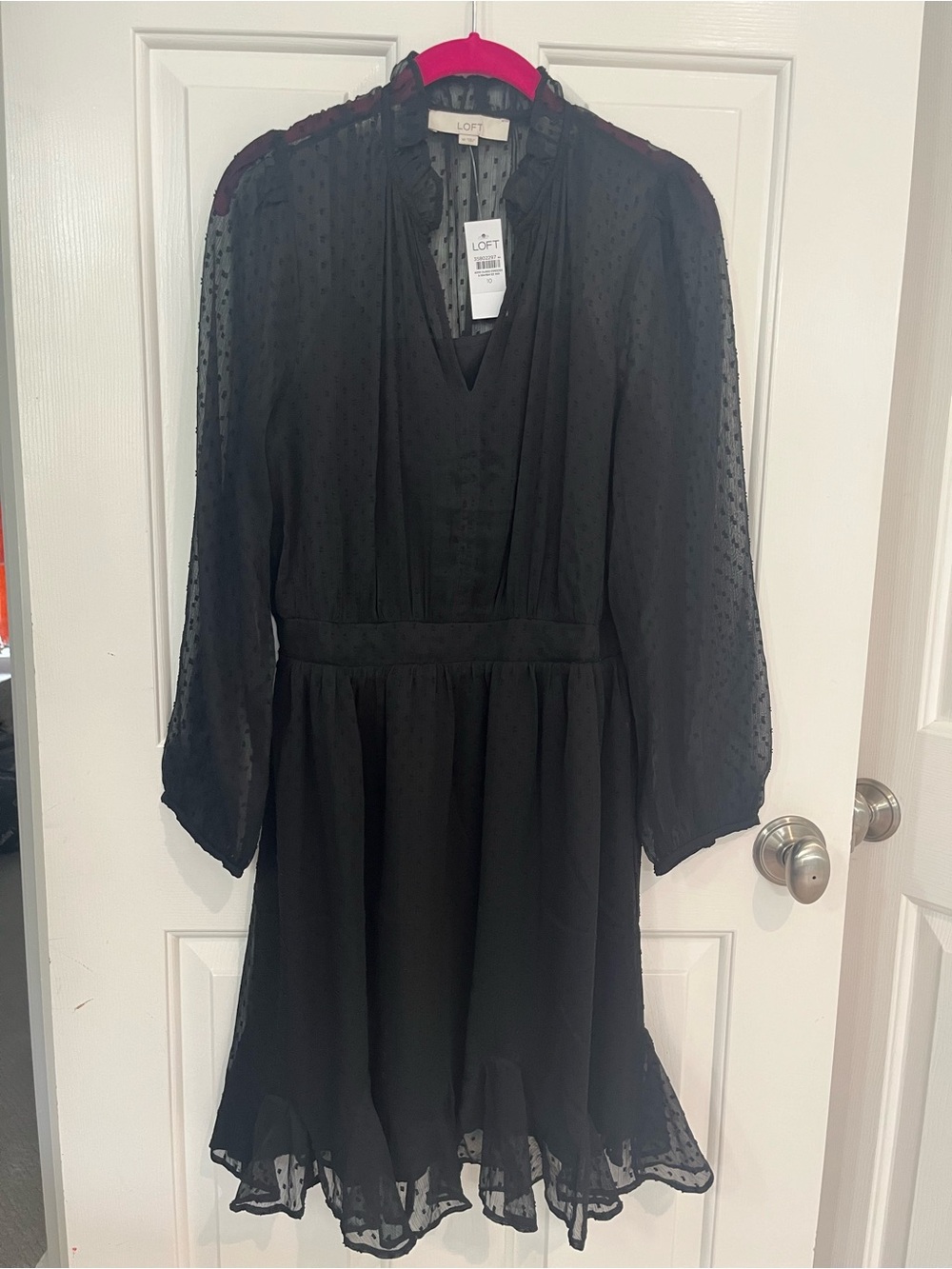LOFT Black Dotted Sheer V-Neck Ruffle Dress